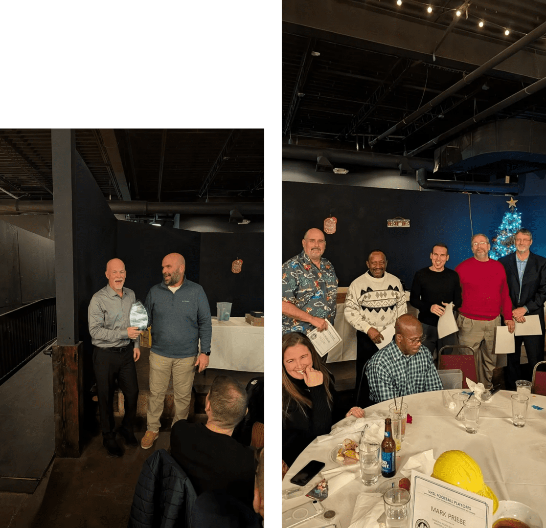 Group celebrating at a festive holiday dinner.