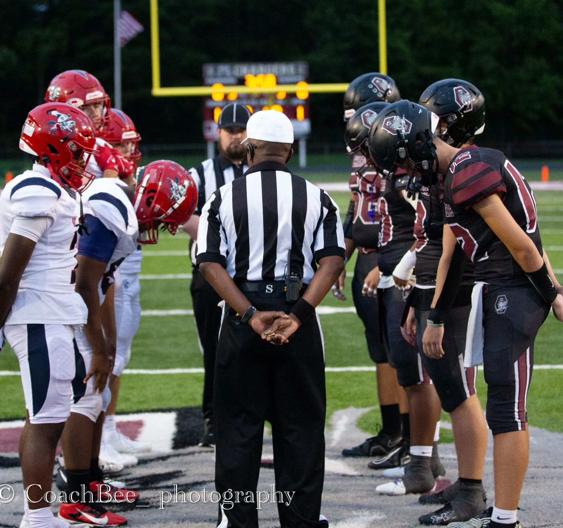 Football players and referee during coin toss.